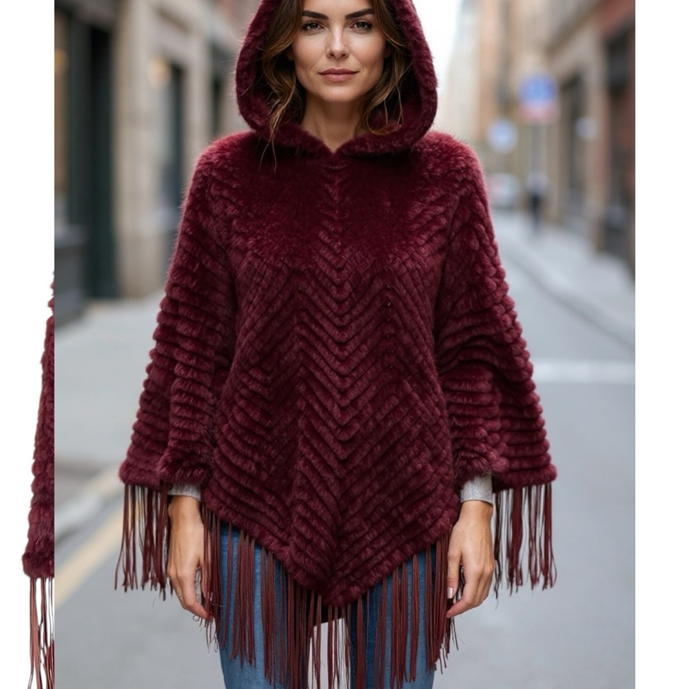 Burgundy mink fur Hooded Poncho with Fringe